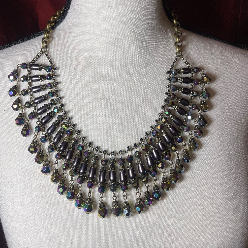 Vintage Iridescent Crystal Fringe Bib Necklace